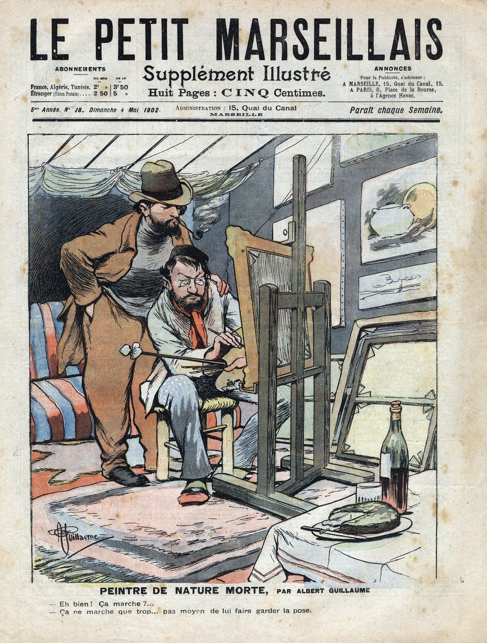 Un pittore in una soffitta dipinge nature morte, la bottiglia di vino e la torta usate come modello non stanno ferme. Illustrazione di Albert Guillaume (1873-1942) da "Le petit Marseillais" 04/05/1902 da Albert Guillaume