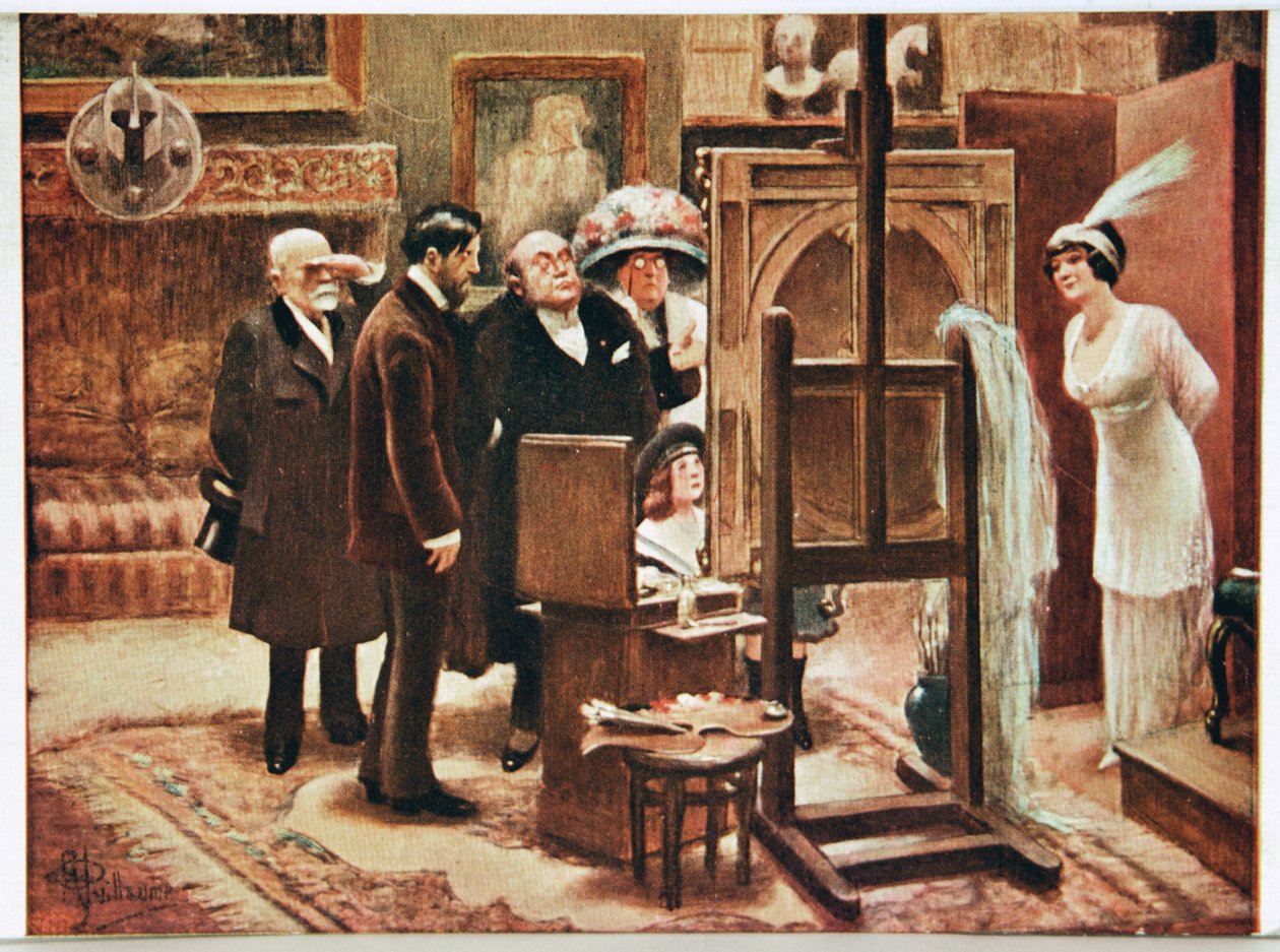 Arte. Belle Arti. Pittore che mostra la sua creazione. Cartolina di Alfred Guillaume, Francia, c.1920 da Albert Guillaume