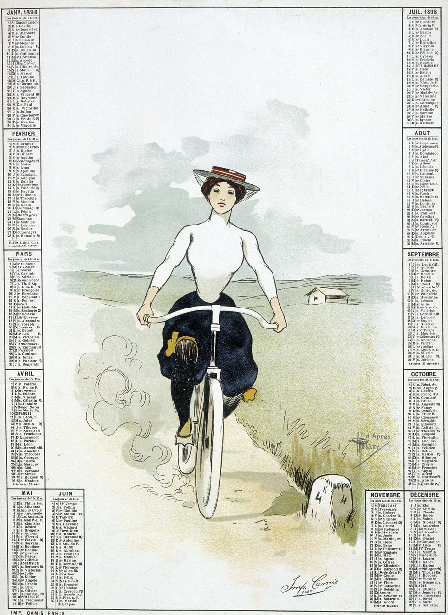 Donna su una bicicletta - disegno di Guillaume, calendario da Albert Guillaume