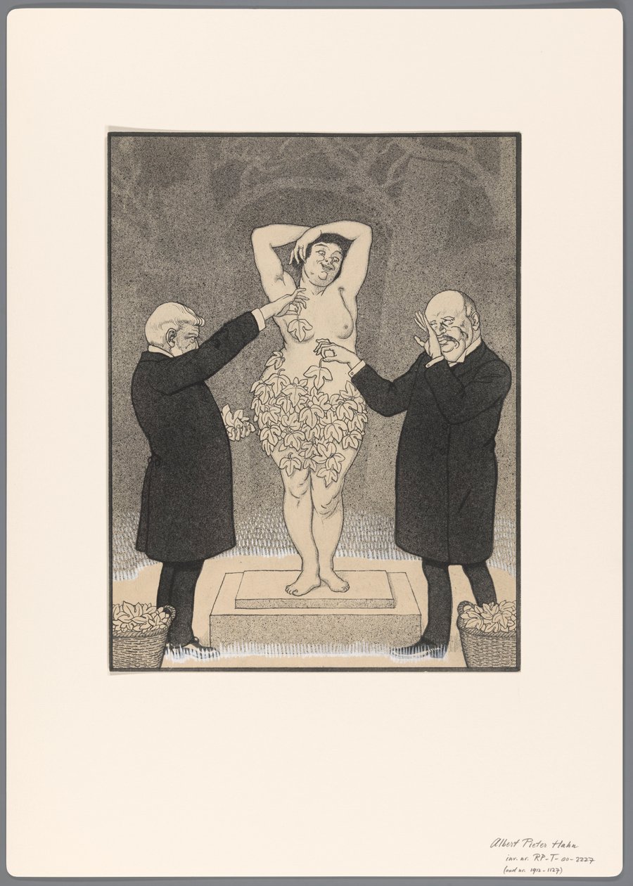 Bozzetto per una caricatura politica: due uomini coprono una donna nuda in piedi con foglie di fico da Albert Hahn (I)