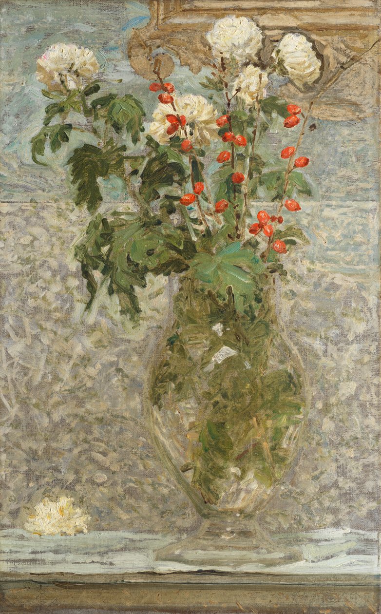 Crisantemi bianchi e bacche rosse da Albert Joseph Moore
