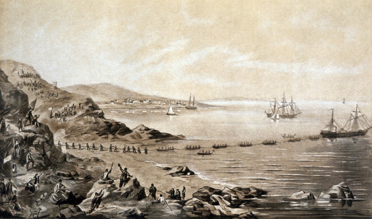Installazione del primo cavo telegrafico transatlantico tra Irlanda e Canada (1857) incisione di Albert Kruger c.1870 da Albert Kruger