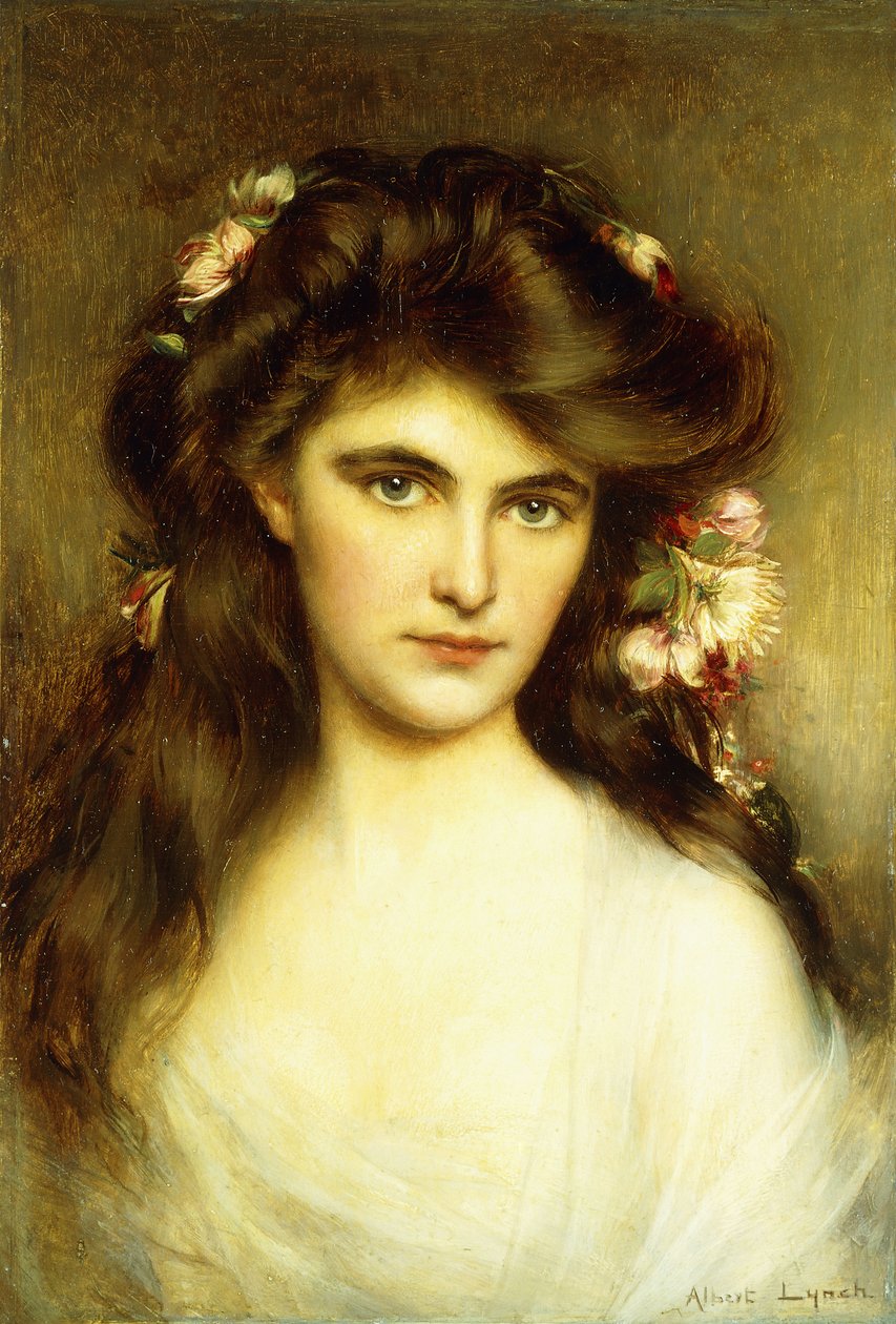Una giovane bellezza con fiori tra i capelli da Albert Lynch