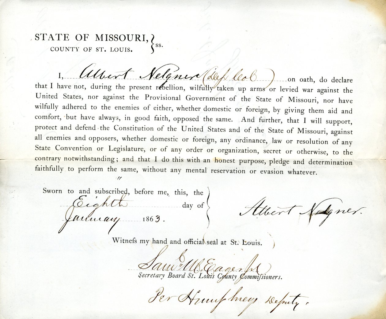 Giuramento di fedeltà di Albert Nelgner del Missouri, Contea di St. Louis da Albert Nelgner