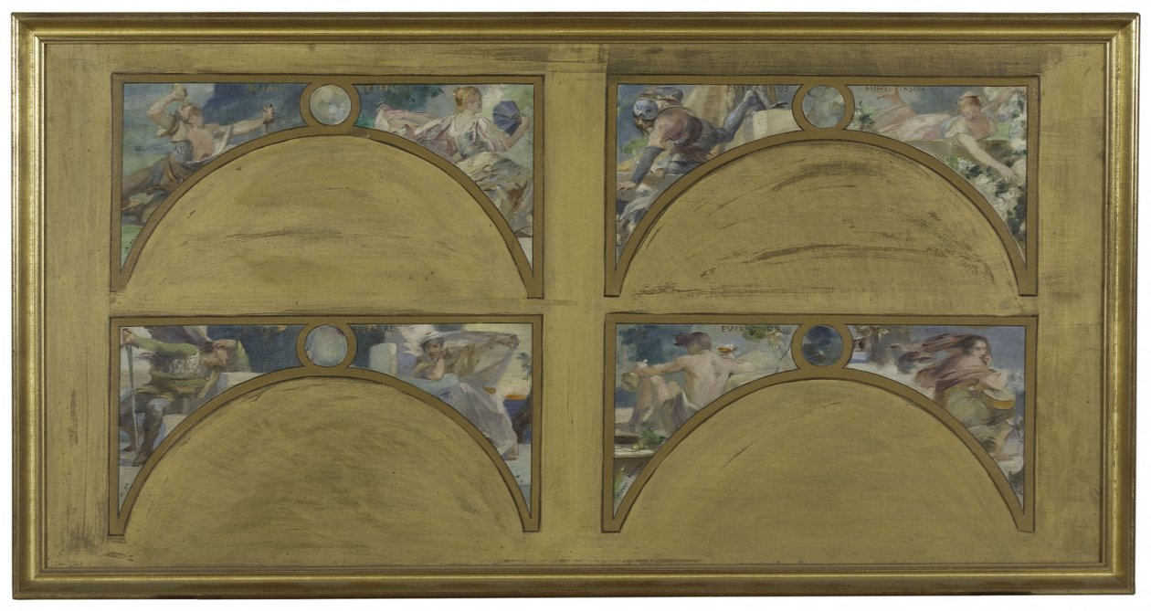 Bozzetto per il Salon des Lettres al Municipio di Parigi: le grandi opere letterarie (La Chanson de Roland, Il Misantropo, Eviradnus, Mimi Pinson, Il Cid, Fedra, Pantagruel, La Cicala), circa 1890 da Albert Pierre Rene Maignan