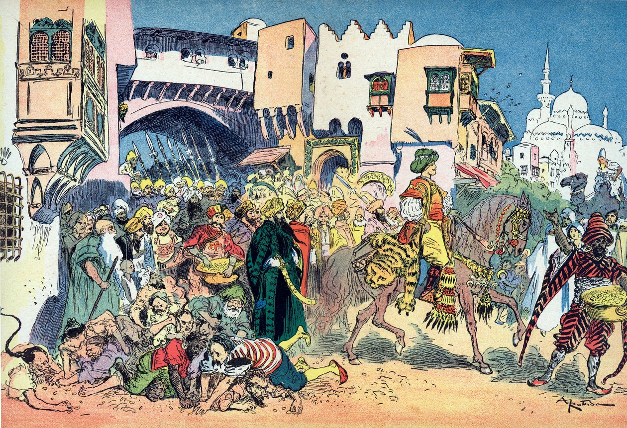 Aladino cavalca per le strade della città e lancia denaro intorno a sé Illustrazione di Albert Robida (1848-1926) per il racconto 