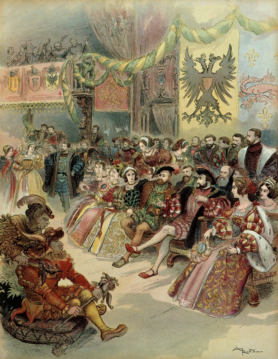 Ballo alla corte del re di Francia, Francesco I, con la presenza di Carlo V nel castello di Fontainebleau, nel 1539 da Albert Robida