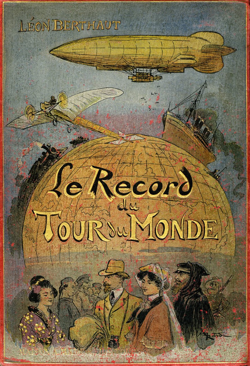 Copertina illustrata da Albert Robida (1848-1926) del libro di Leon Berthault “Le record du tour du monde”, edizione Mame inizio XX secolo (1911) - Questo è un romanzo d