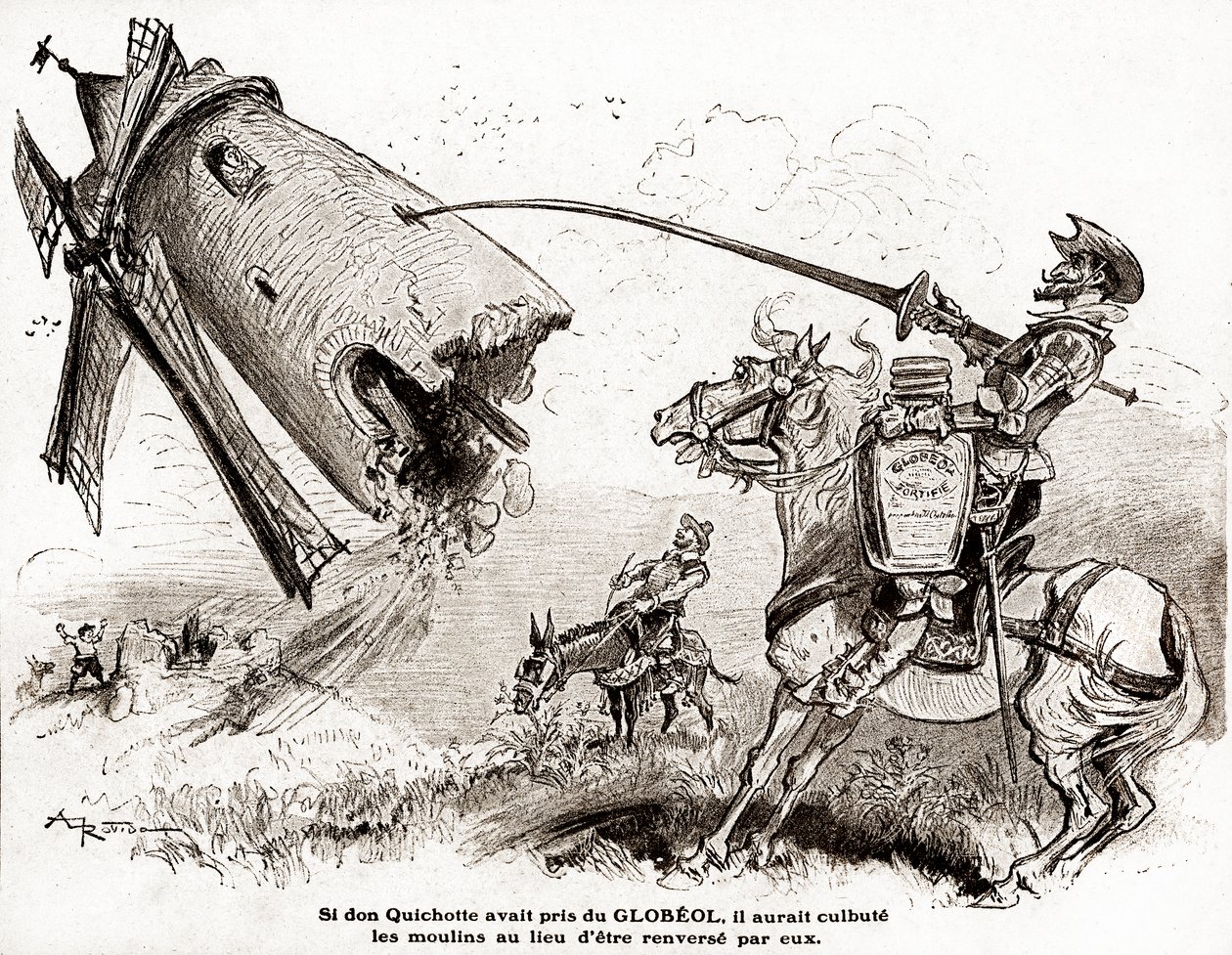 Don Chisciotte per una pubblicità del fortificante Globeol, circa 1916 (illustrazione) da Albert Robida