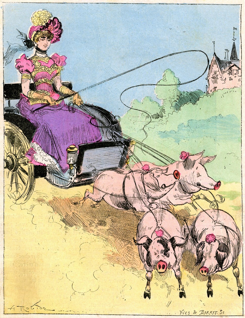 Disegno di Albert Robida (1848-1926) sulla copertina del Mondo Comico n. 296 (inizio XX secolo) - Nuovo attacco molto elegante per piccole uscite in campagna - Giovane donna che guida un carro di maiali (maiali) da Albert Robida