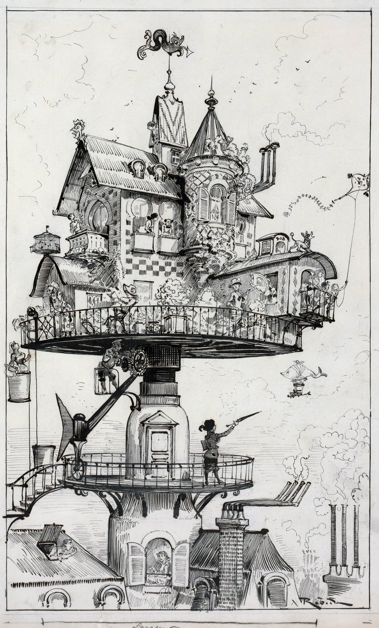 Disegno mostra una struttura abitativa elevata sopra i tetti e progettata per ruotare e adattarsi in varie direzioni, disegno di Albert Robida c. 1883 da Albert Robida