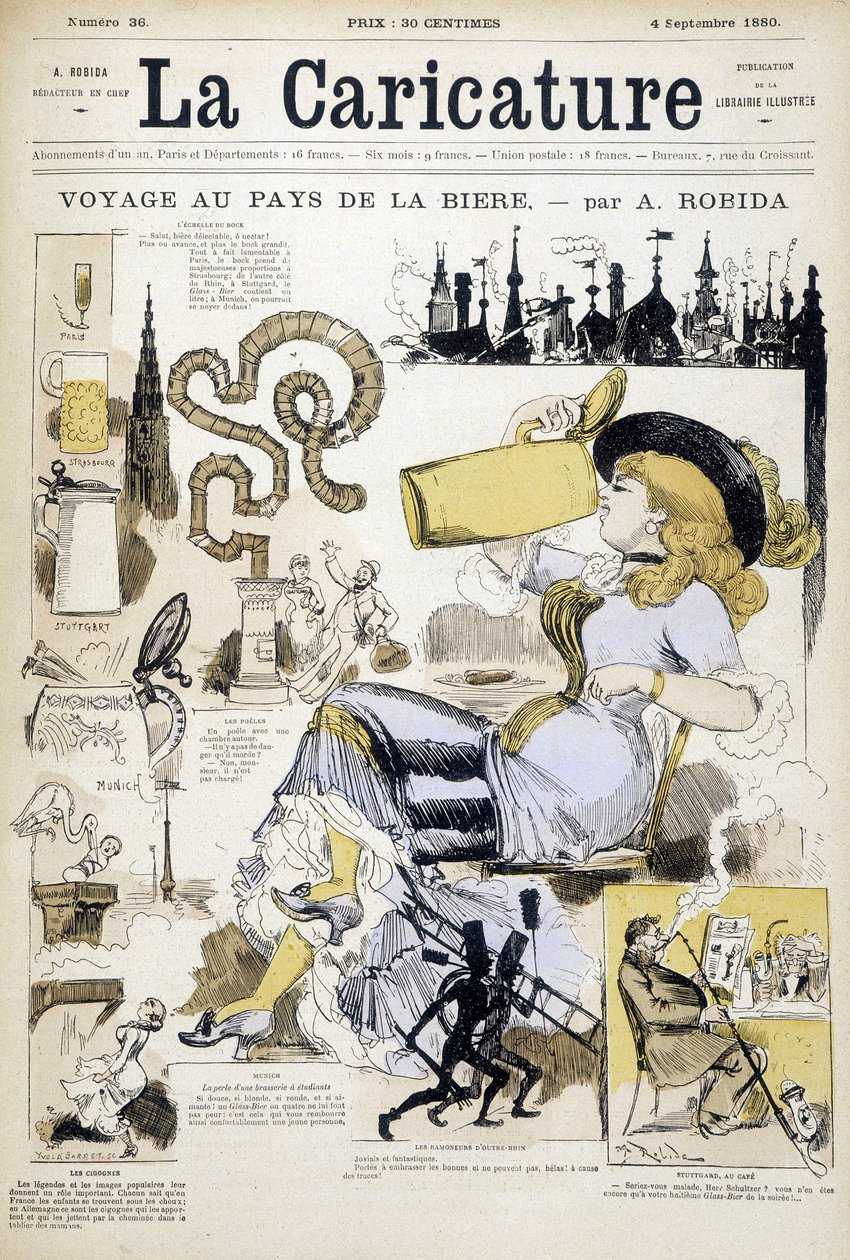 Montaggio con donna che beve un boccale di birra di Robida - copertina in "La caricature" del 4/9/1880 da Albert Robida