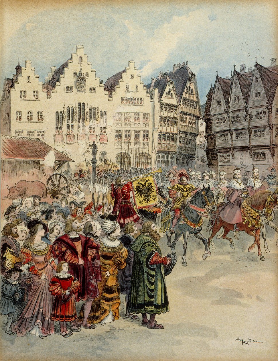 Elezione di Carlo V (1500-1558) come imperatore di Germania il 28 giugno 1519. Il corteo dei sette elettori attraversa le strade di Francoforte (Germania). Illustrazione da Albert Robida