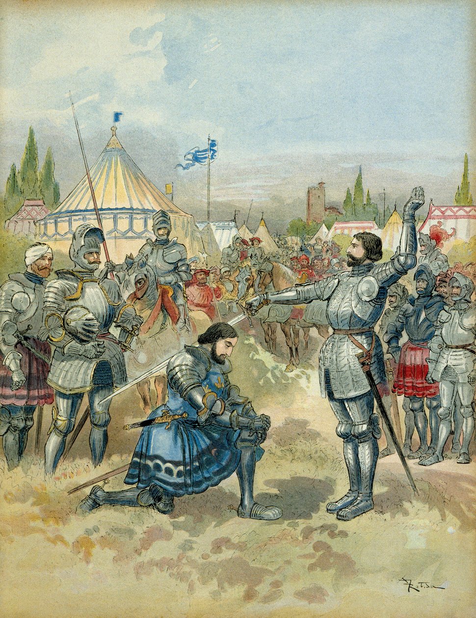 Quinta guerra italiana (1515-1516): Pierre Terrail de Bayard (1476-1524) arma Francesco I (1494-1547) cavaliere dopo la battaglia di Marignano (Italia), la sera del 14 settembre 1515. Illustrazione da Albert Robida