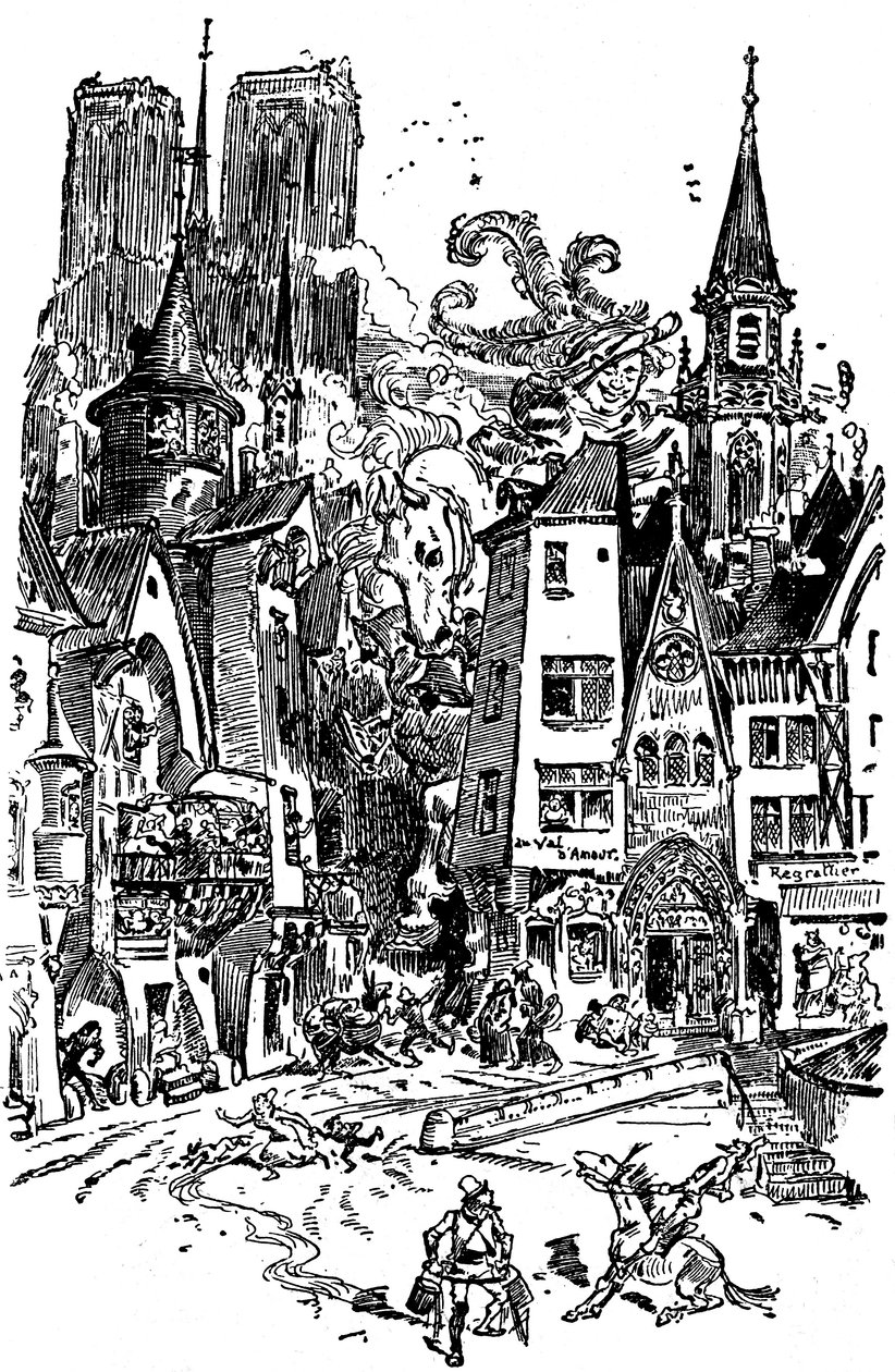 Il gigante Gargantua cammina per Parigi, seminando panico e distruzione sul suo cammino. Impara a sputare sulla Cattedrale di Notre Dame de Paris, le cui torri sullo sfondo si distinguono. Con questo sputo, più di 3000 parigini saranno annegati! Illustrazi da Albert Robida