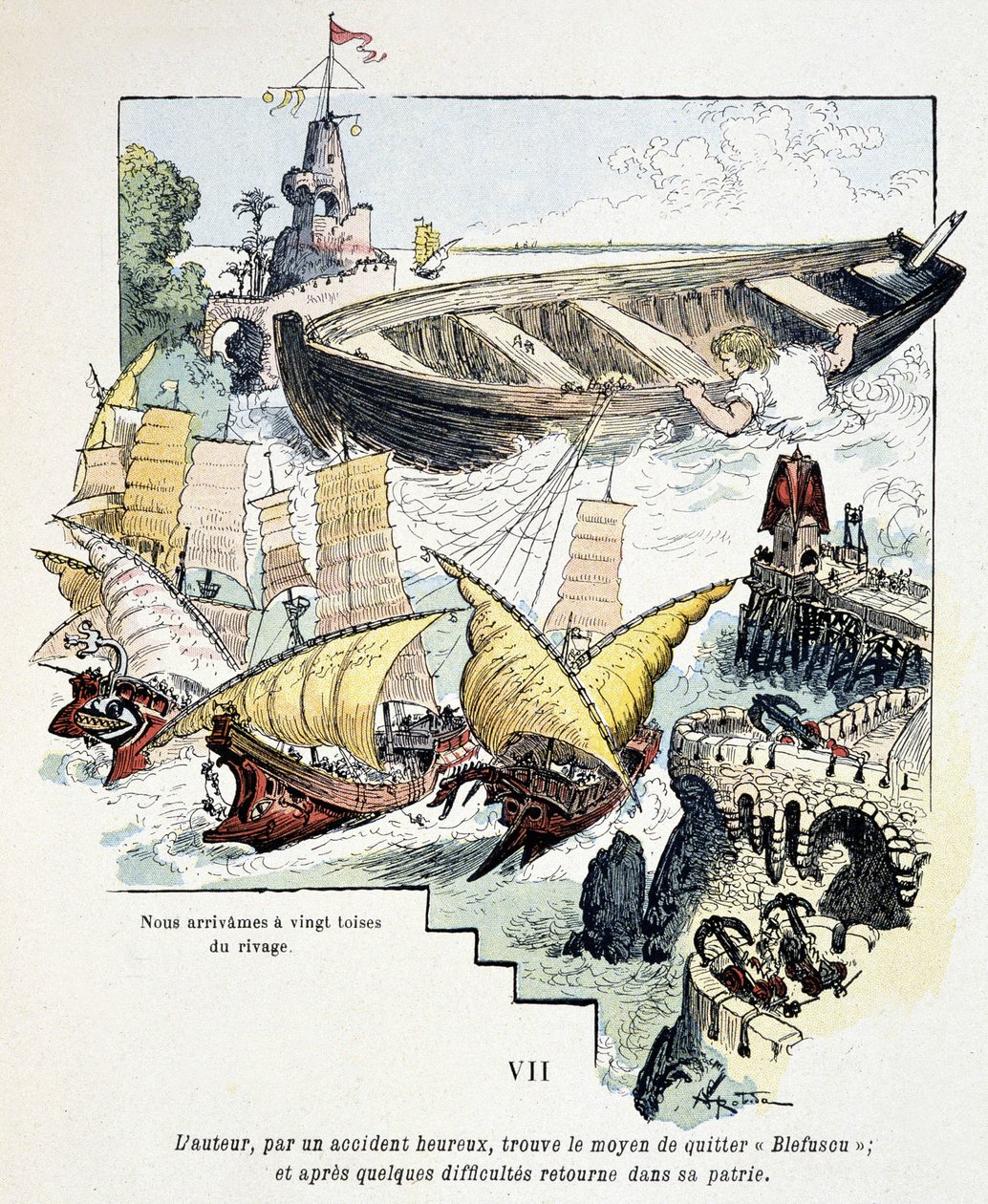 Gulliver e la sua gigantesca barca nel porto dei Lillipuziani - in "Viaggi di Gulliver" di Jonathan Swift (1721), ill. di Robida da Albert Robida