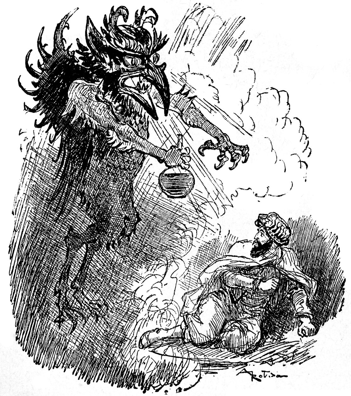 Illustrazione di Albert Robida (1848-1926) di una leggenda araba (Le mille e una notte): un demone orribile (genio malvagio) presenta a un uomo una bottiglia di vino. Incisione del libro “Scelta di letture” Armand Colin 1926 da Albert Robida