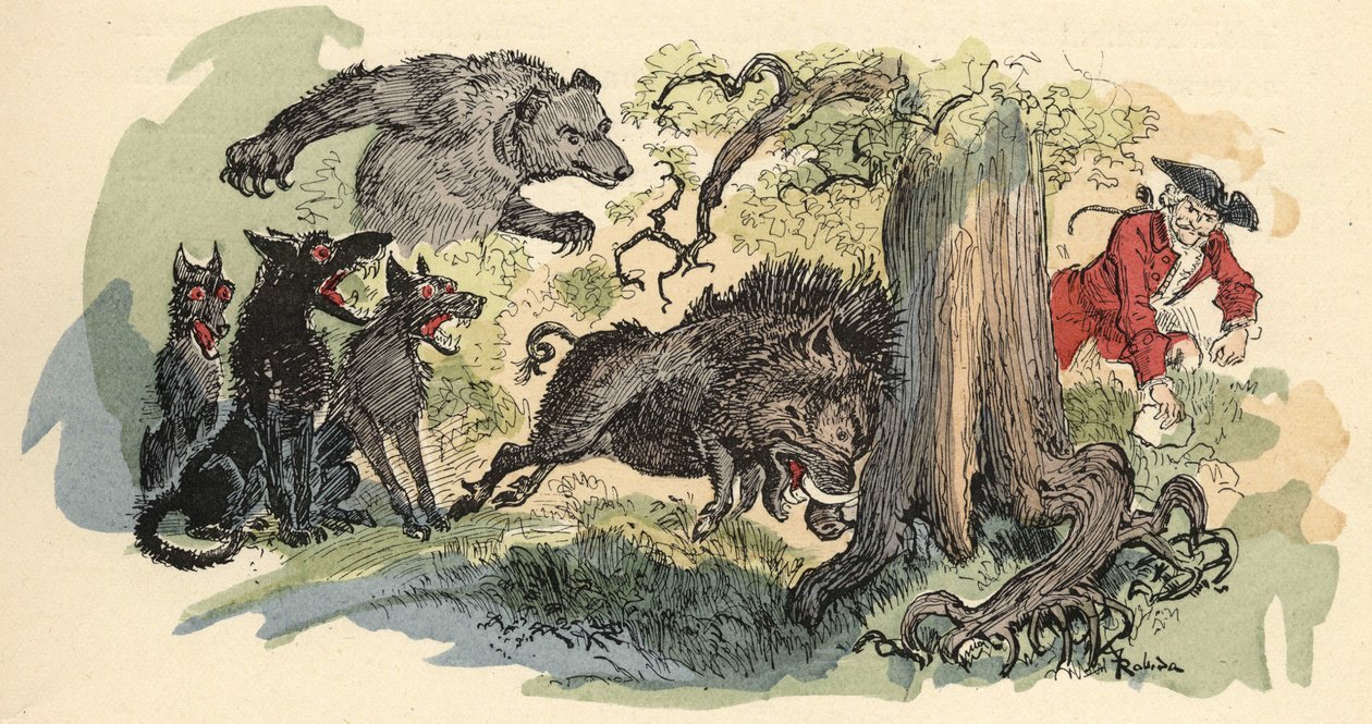 Illustrazione di Albert Robida in "Storia e avventure del Barone di Munchausen", H. Laurens Ed., fine XIX secolo da Albert Robida