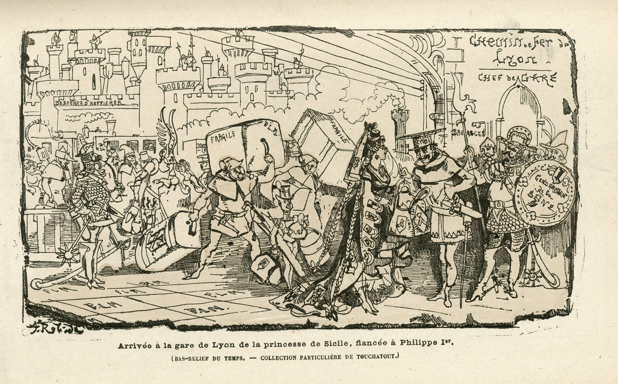 Illustrazione di Albert Robida (1848-1926) in Histoire de France tintamarresque, ca. 1880 - Gare, Ancien regime, Sicilia - Filippo I da Albert Robida