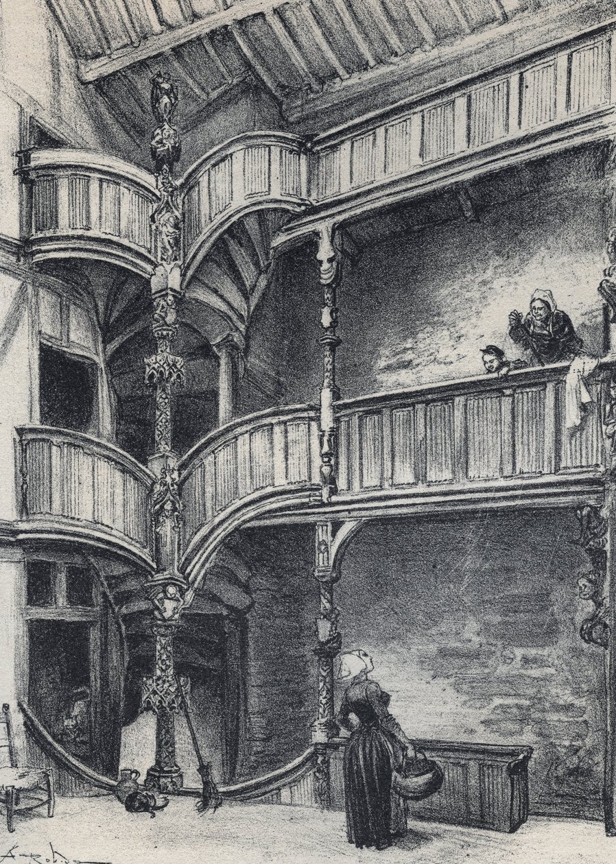 Interno di una casa a Morlaix - Vecchia Francia - Bretagna - testo, disegni e litografie di Albert Robida (1848-1926) fine XIX secolo da Albert Robida