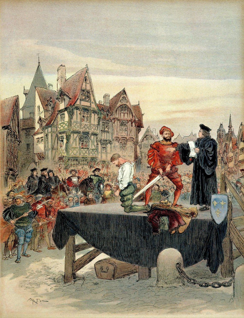 Jean de Poitiers, signore di Saint Vallier (ca. 1475-1539), capitano delle guardie di Carlo di Borbone (1489-1537) graziato sul patibolo nel 1524. Illustrazione da Albert Robida
