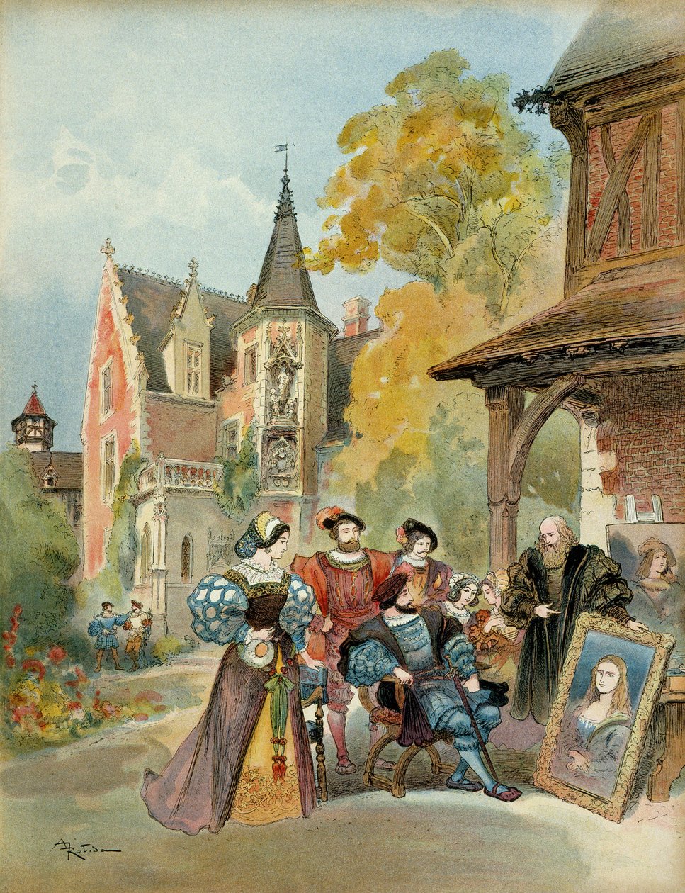 Re Francesco I (1494-1547) acquista la Gioconda da Leonardo da Vinci, vicino al castello reale di Amboise, tra il 1516 e il 1519. Illustrazione da Albert Robida
