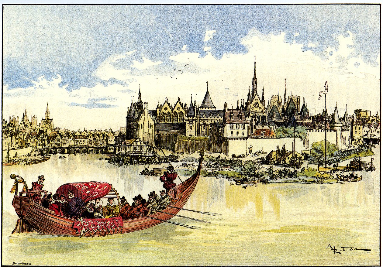 Re Enrico III in una barca che posa la prima pietra del Pont Neuf sulla Senna a Parigi, 31 maggio da Albert Robida