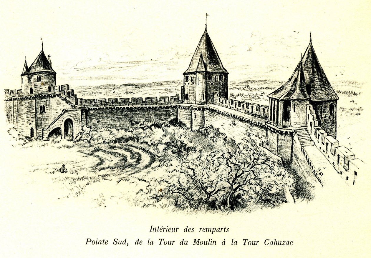 Città medievale di Carcassonne (Aude, Linguadoca, Paese Cataro) - Interno delle mura, punta sud, dalla torre del Mulino alla torre Cahuzac - posizione del Teatro all