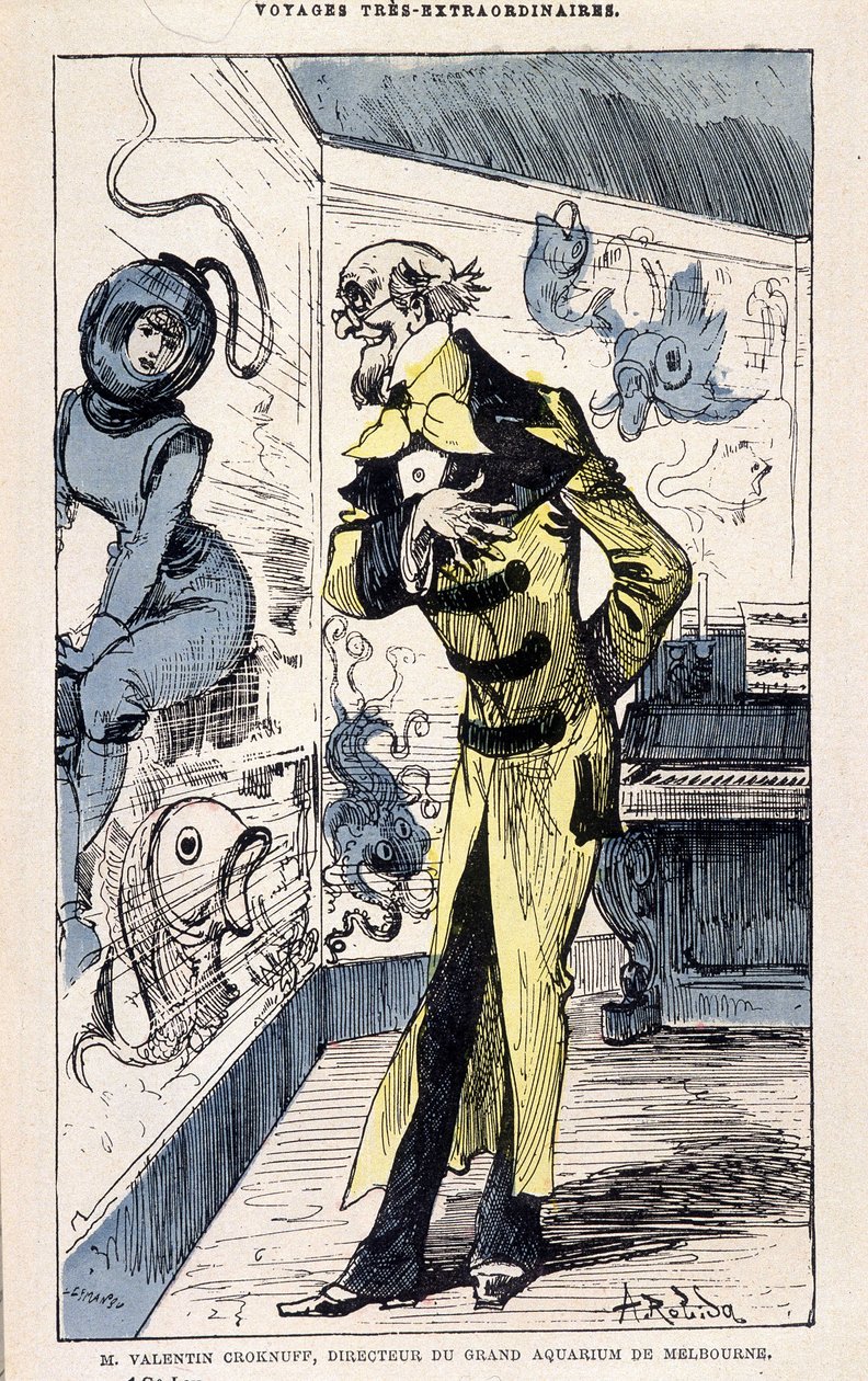 Mr. Valentin Croknuff, direttore del grande acquario di Melbourne, parodia di Jules Verne, "Viaggi straordinari di Saturnin Farandoul in 5 o 6 parti del mondo e in tutti i paesi conosciuti o sconosciuti a Mr. Jules Verne" di Robida, Parigi da Albert Robida