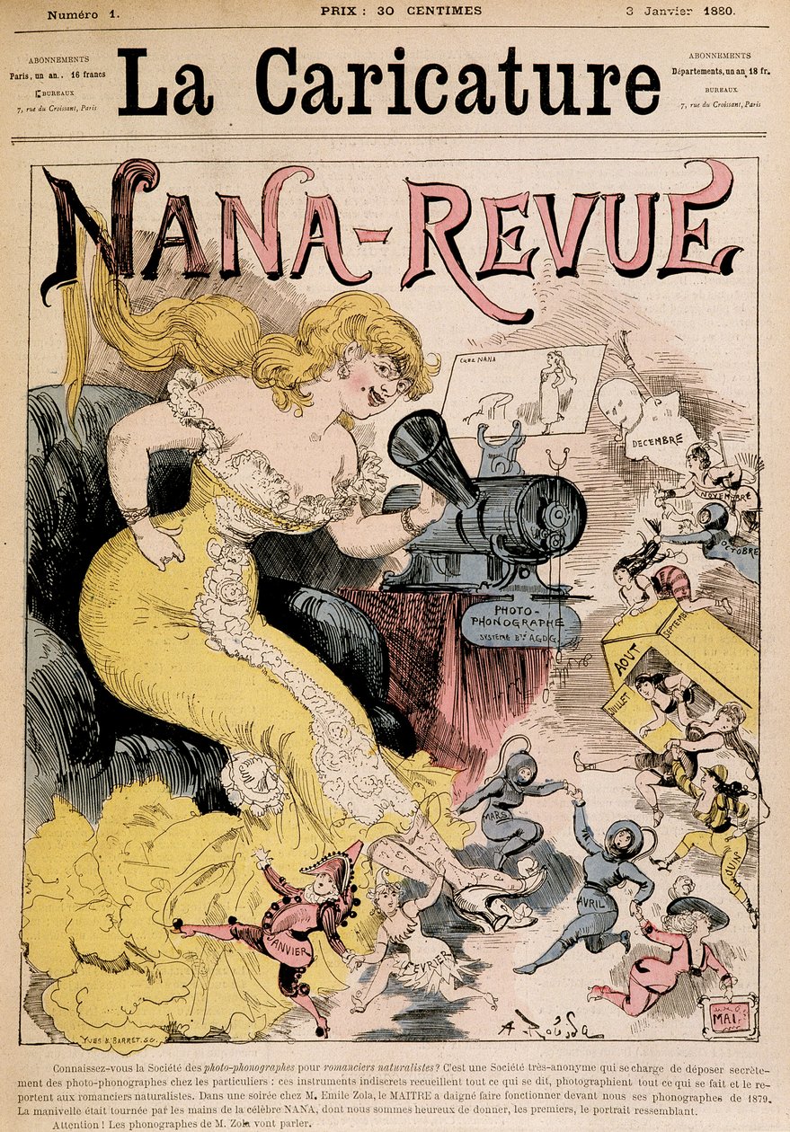 Nana-Revue: caricatura su Zola e la sua opera "Nana" di Robida - in "La Caricature" del 03/01/1880 da Albert Robida