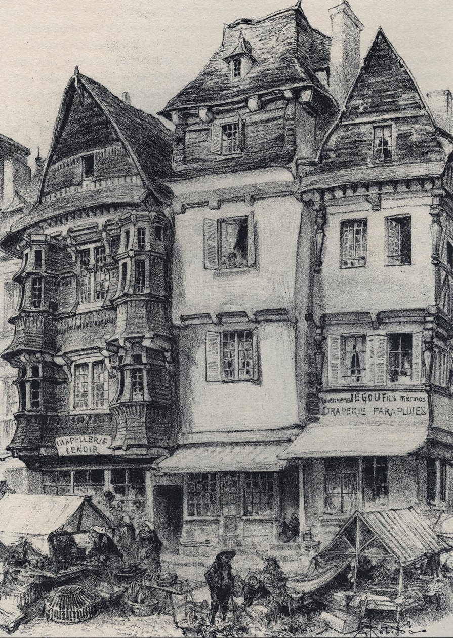 Place du marché a Lannion - La vieille France - La Bretagne - testo, disegni e litografie, di Albert Robida (1848-1926) fine XIX secolo da Albert Robida
