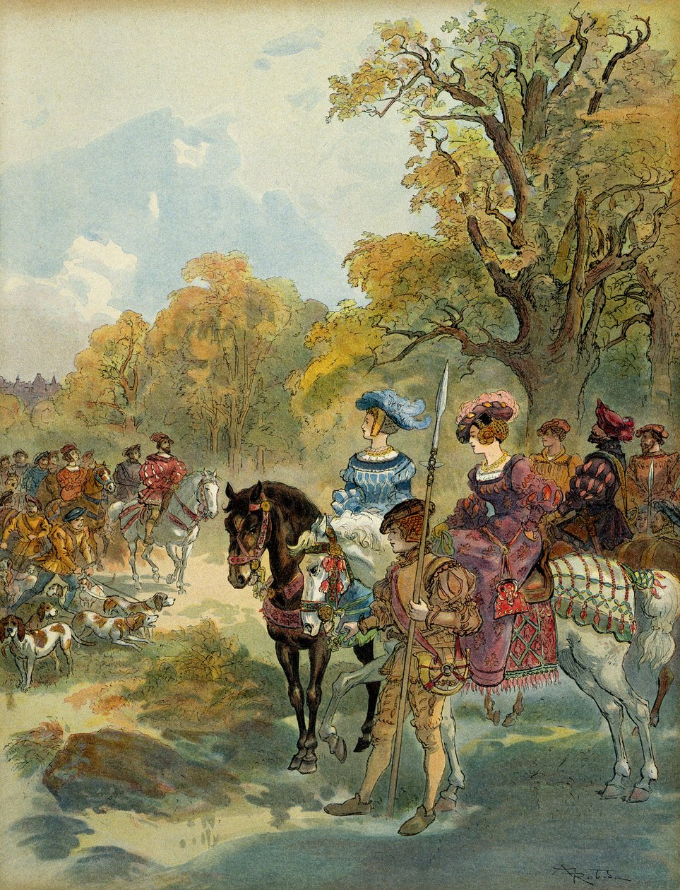 Caccia reale di Francesco I (1494-1547). Illustrazione da Albert Robida