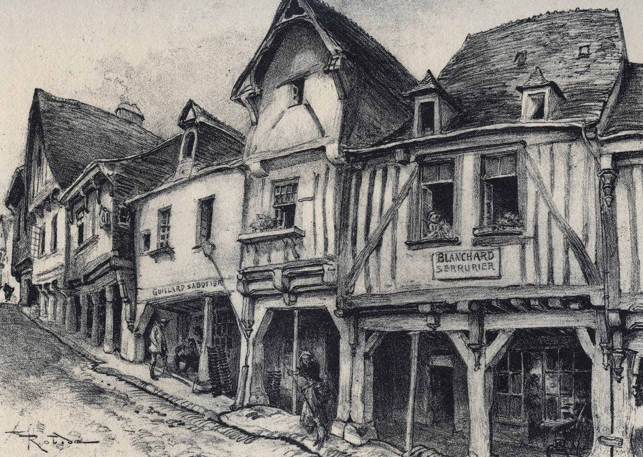 Rue Poterie a Fougeres nel dipartimento di Ille-et-Vilaine - La vieille France - La Bretagne - testo, disegni e litografie di Albert Robida (1848-1926) da Albert Robida