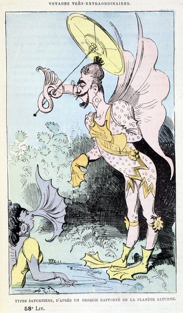 Tipi saturniani da un presunto schizzo del pianeta Saturno (mostri grotteschi pseudo-antropologici), parodia di Jules Verne, 