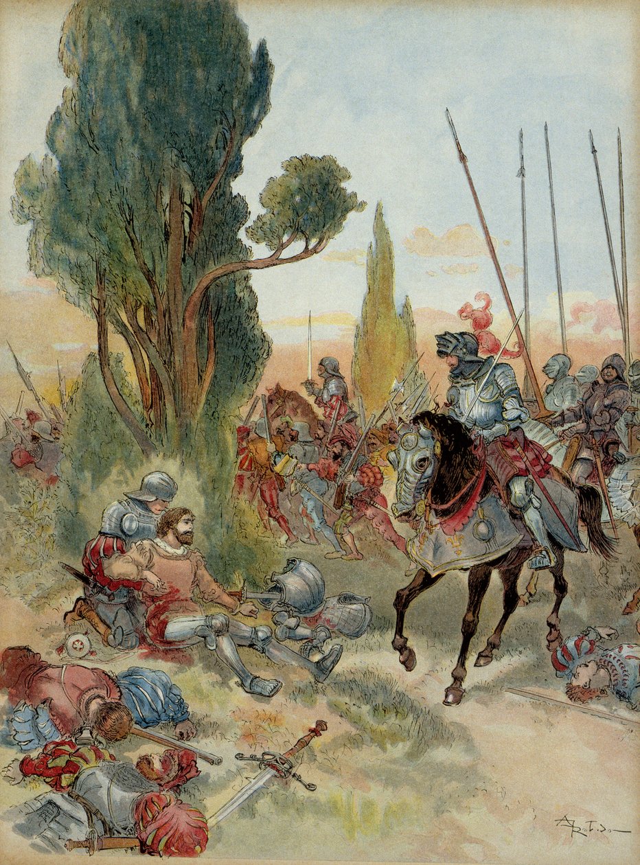 Sesta guerra italiana (1521-1526): Morte di Pierre Terrail de Bayard (1476-1524), ferito da un colpo di archibugio a Rebec (Italia), nel 1524, Carlo di Montpensier, connestabile di Borbone (1490-1527), lo affrontò. Illustrazione da Albert Robida