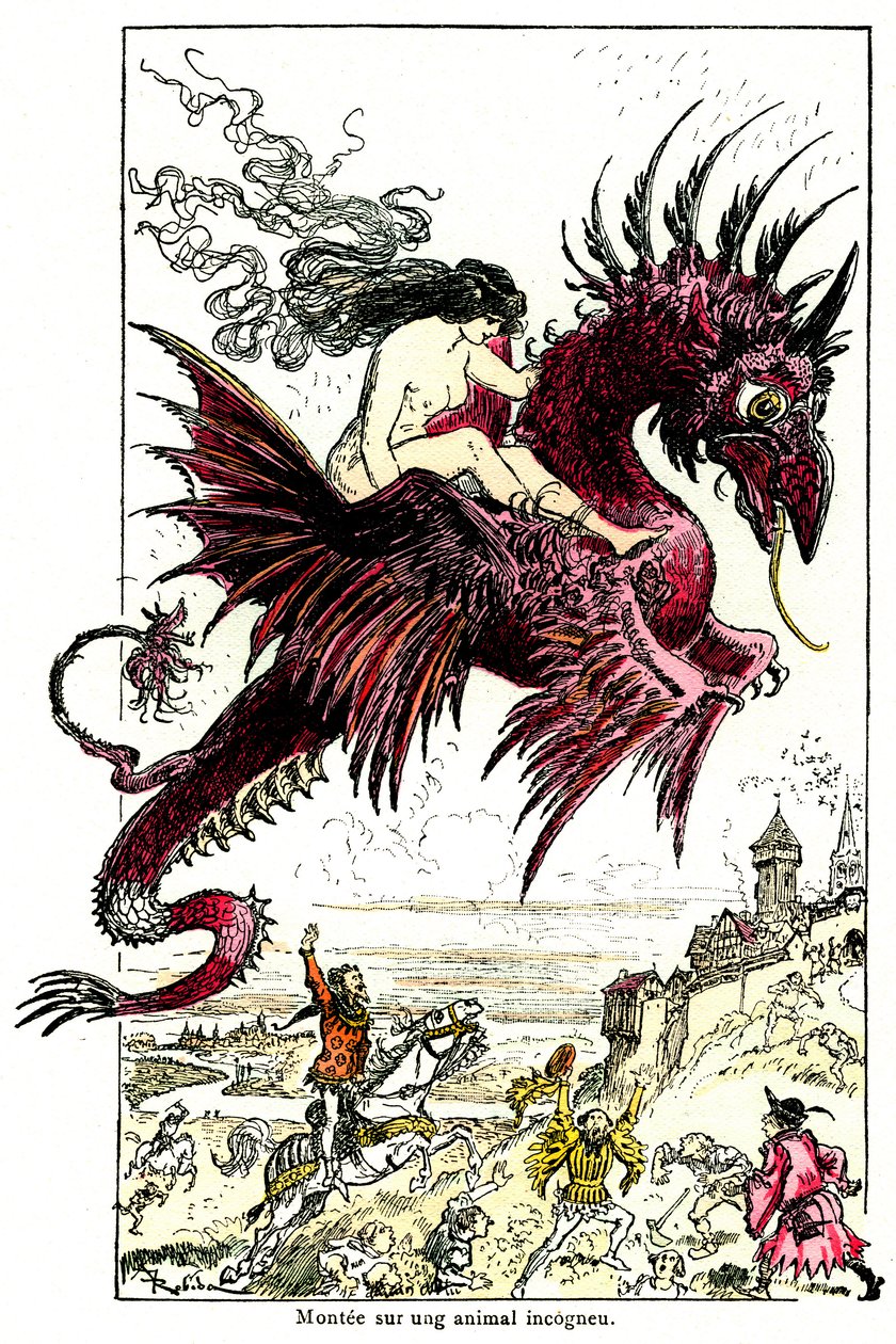Succubo: demone femminile che cavalca un drago - illustrazione di Albert Robida per i Racconti Drolatici di Honoré de Balzac - inizio XX secolo da Albert Robida