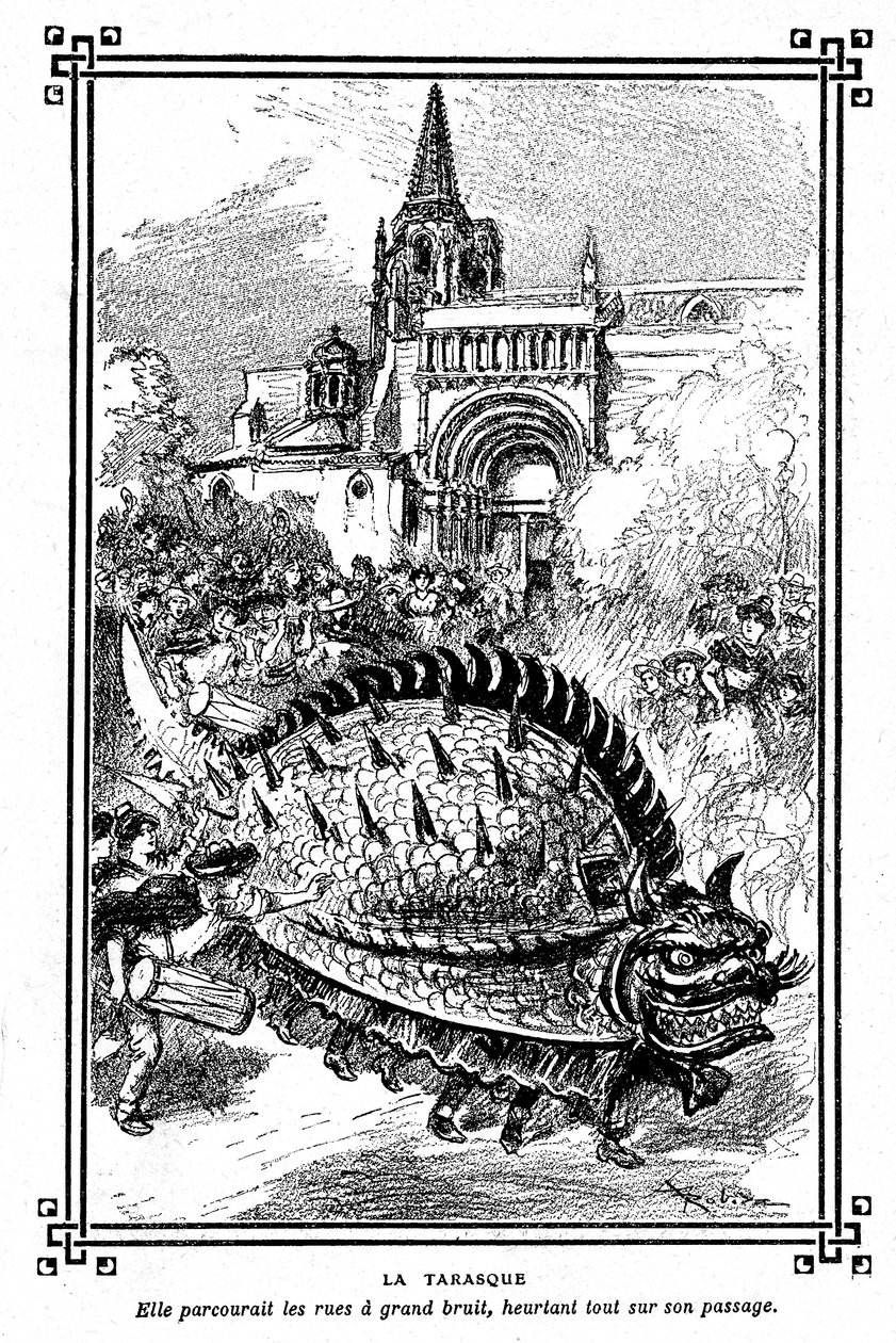 La Tarasca di Tarascona, mostro favoloso del folklore della Provenza: illustrazione di Albert Robida del libro scolastico “Scelta di letture” di A Mironneau, Libreria Armand Colin 1911 da Albert Robida