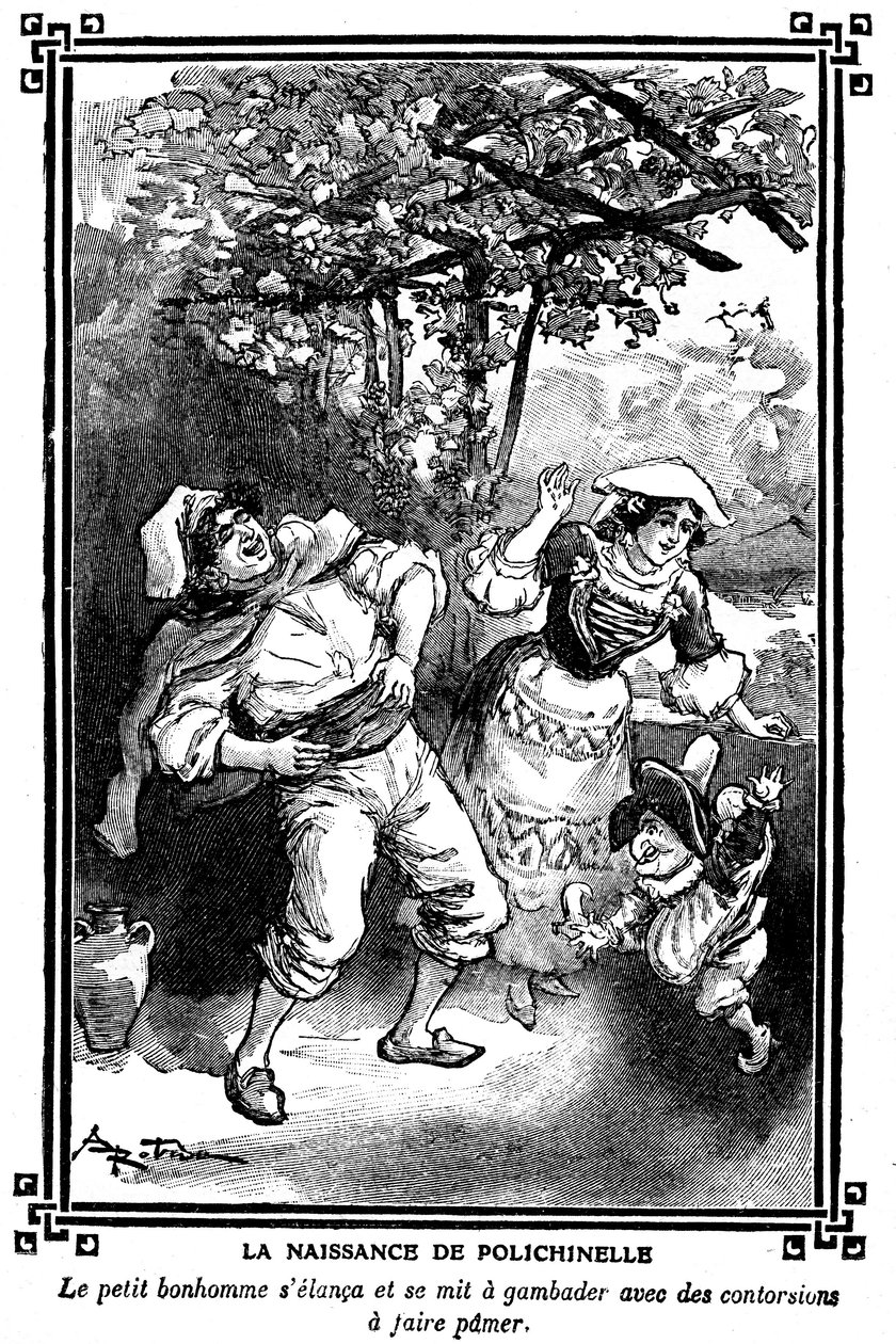 La nascita di Polichinelle. Disegno di Albert Robida (1848-1926) in un libro di letture per bambini 1920-1930 da Albert Robida