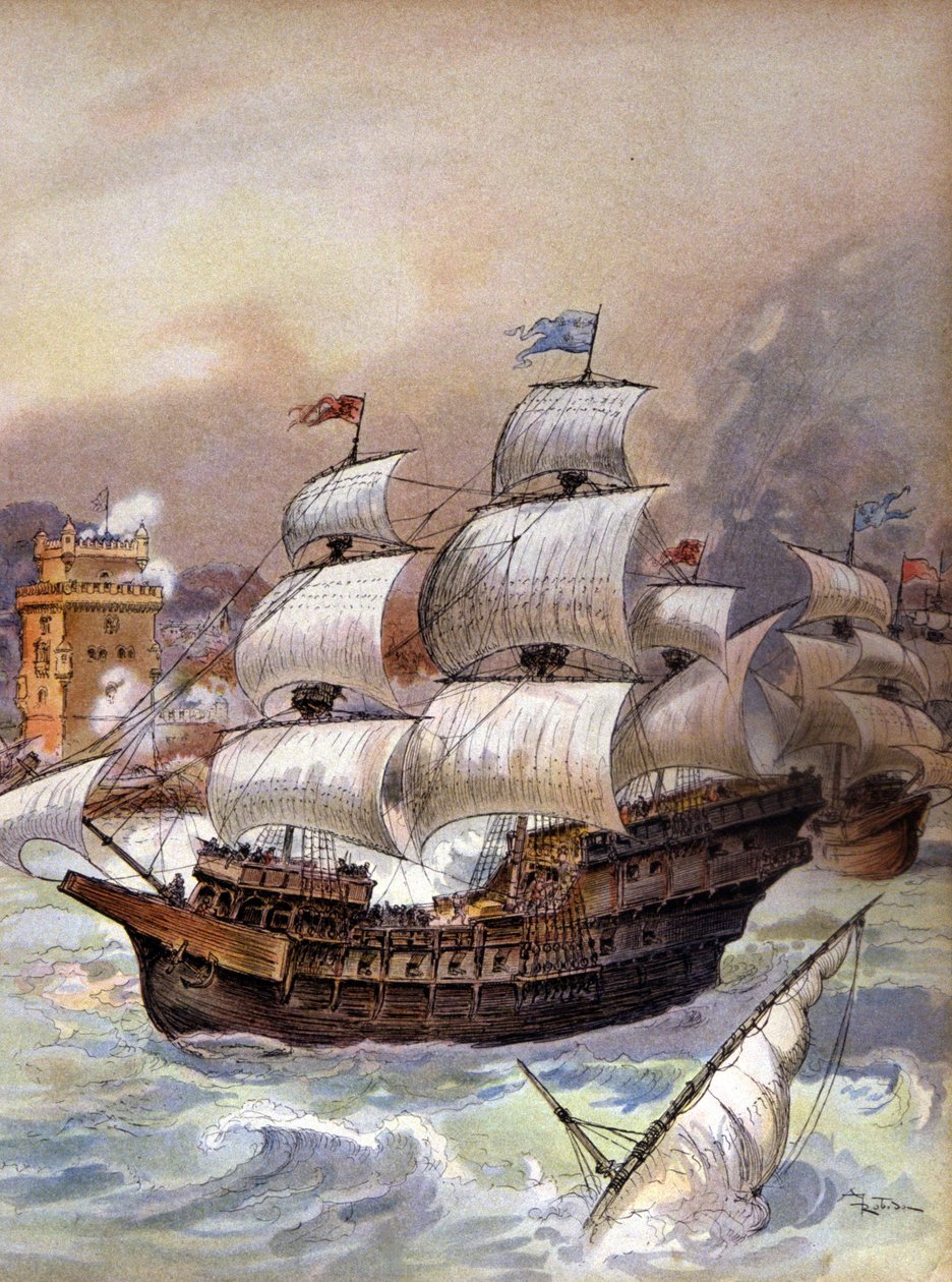 La flotta di Jean Ango blocca il Tago e minaccia Lisbona, c.1909 (illustrazione) da Albert Robida