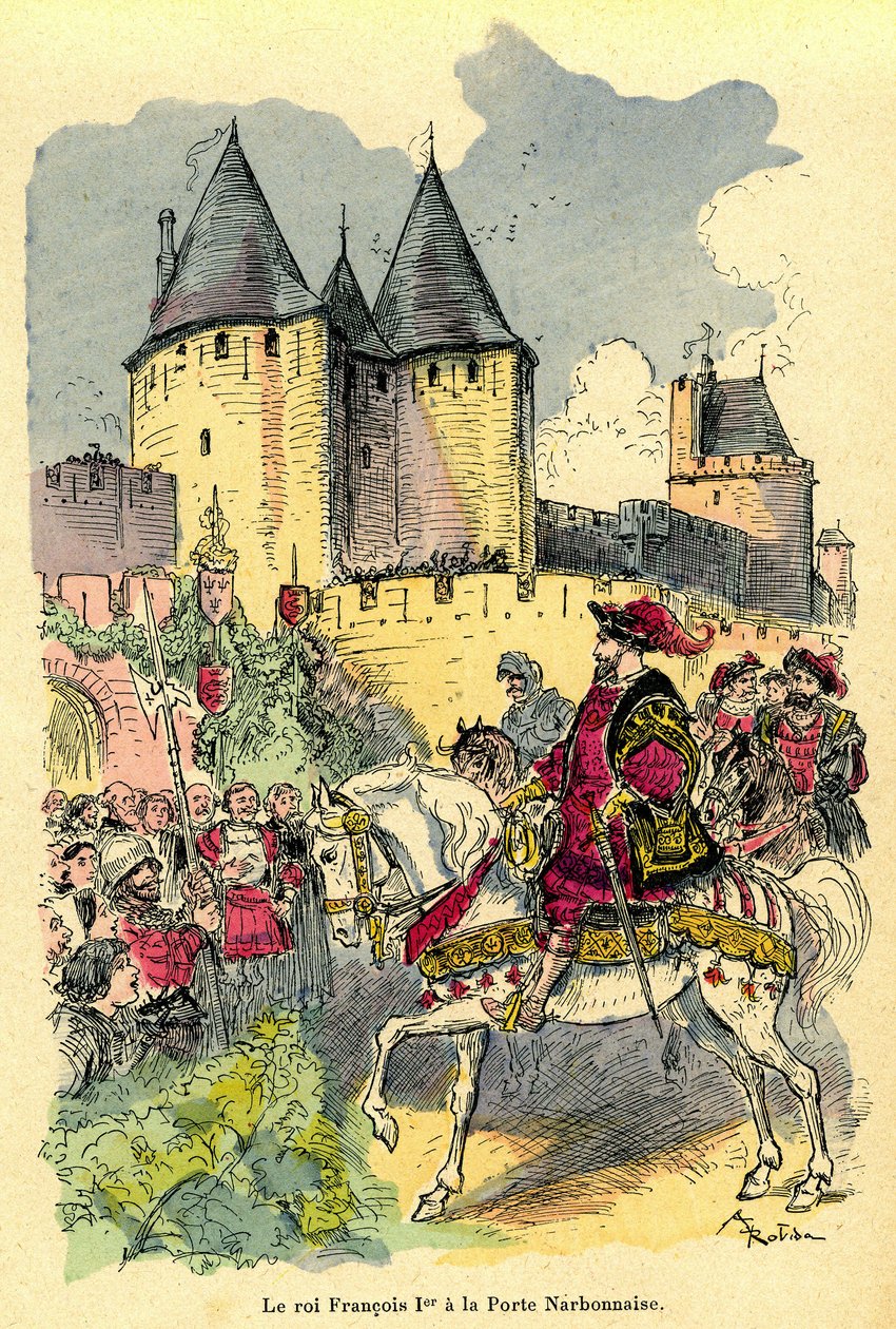 Il re di Francia Francesco I arriva a cavallo davanti alla Città di Carcassonne, Porta Narbonnaise. Illustrazione di Albert Robida (1848-1926): frontespizio del libro “Il tesoro di Carcassonne” prima edizione H. Laurens 1921 da Albert Robida