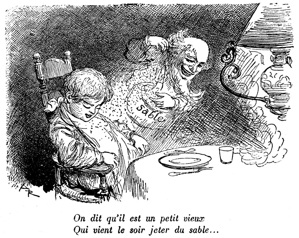 Il mercante di sabbia è passato! Bambino addormentato dopo aver mangiato. Sonno. “Dicono che sia un vecchietto che viene a gettare sabbia di notte...” Disegno di Albert Robida (1848-1926) in un libro di letture per bambini 1920-1930 da Albert Robida
