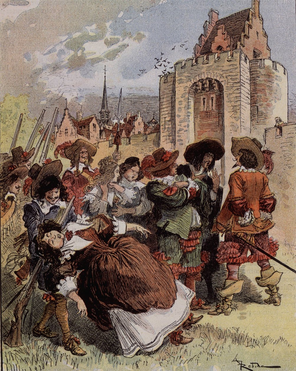 La timidezza del Capitano Bellormeau - "Madame de Malicorne cadde tra le braccia di un sergente". Personaggio dal libro di Albert Robida. Copertina "Il Piccolo Francese illustrato" del 20/01/1900. da Albert Robida