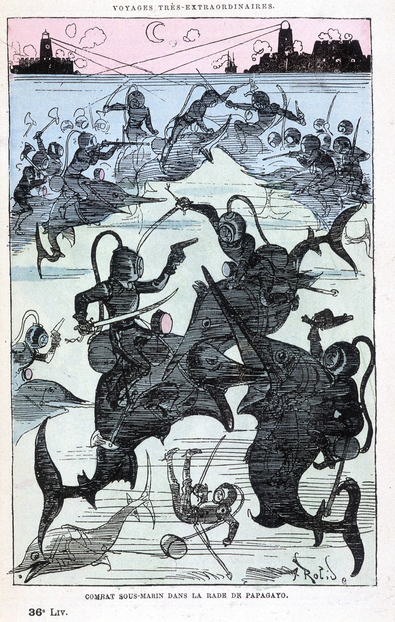 Combattimento subacqueo nella baia di Papagayo (scafandri che cavalcano pesci), parodia di Jules Verne, "Viaggi straordinari di Saturnin Farandoul in 5 o 6 parti del mondo e in tutti i paesi conosciuti o sconosciuti a Mr. Jules Verne" di Robida, Parigi da Albert Robida