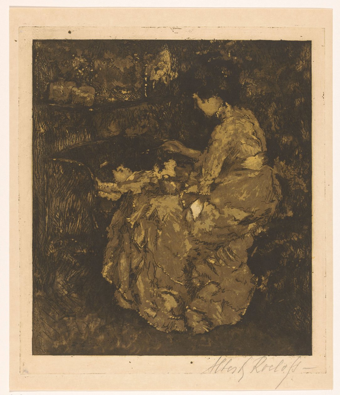 Donna che nutre un bambino in una culla da Albert Roelofs (signed by artist)