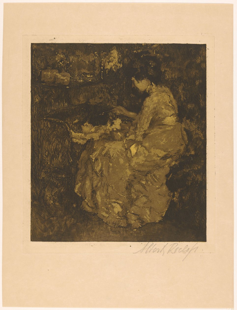 Donna che dà pappa a un bambino in una culla da Albert Roelofs (signed by artist)