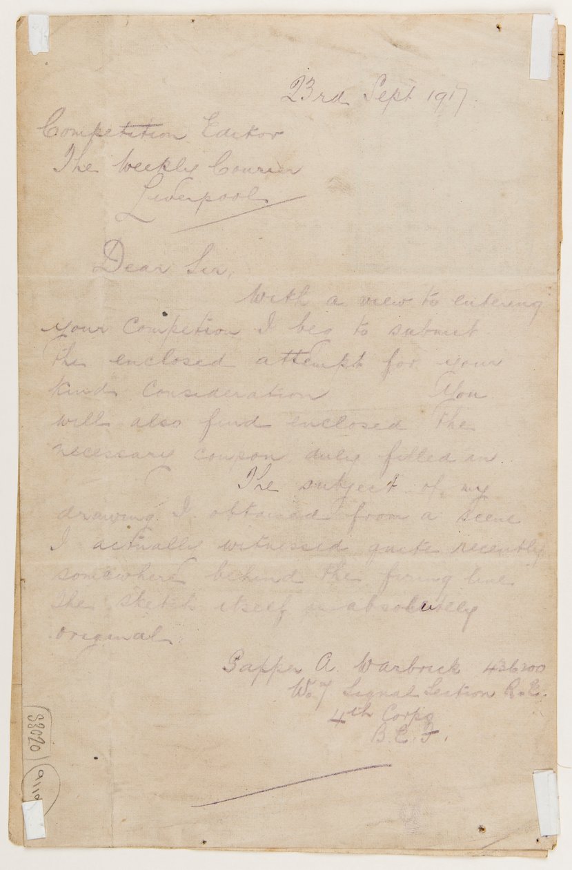Lettera al redattore del concorso, 23 settembre 1917 da Albert Warbrick