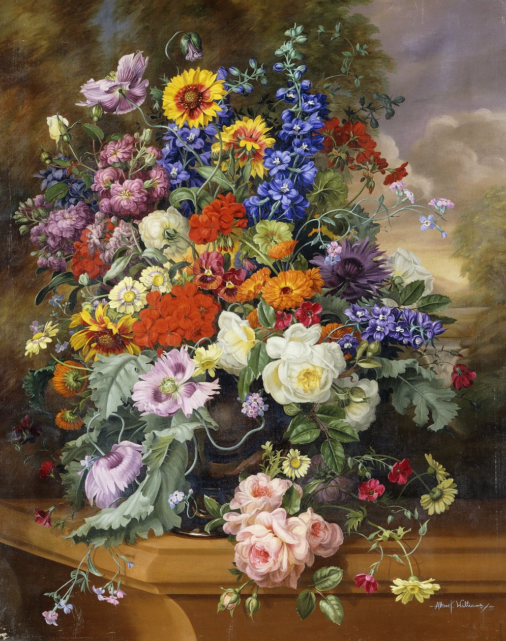 Natura morta con rose, delfini, papaveri e calendule su un cornicione da Albert Williams