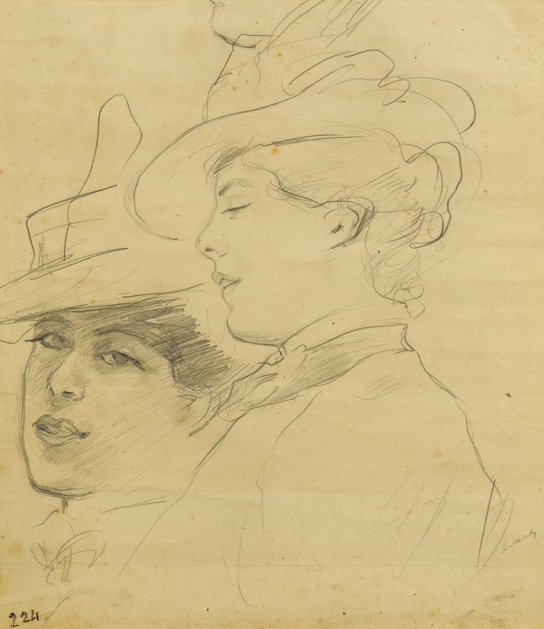 Testa di una donna con cappello decorato, profilo e vista a tre quarti, c.1900 da Albert de Belleroche