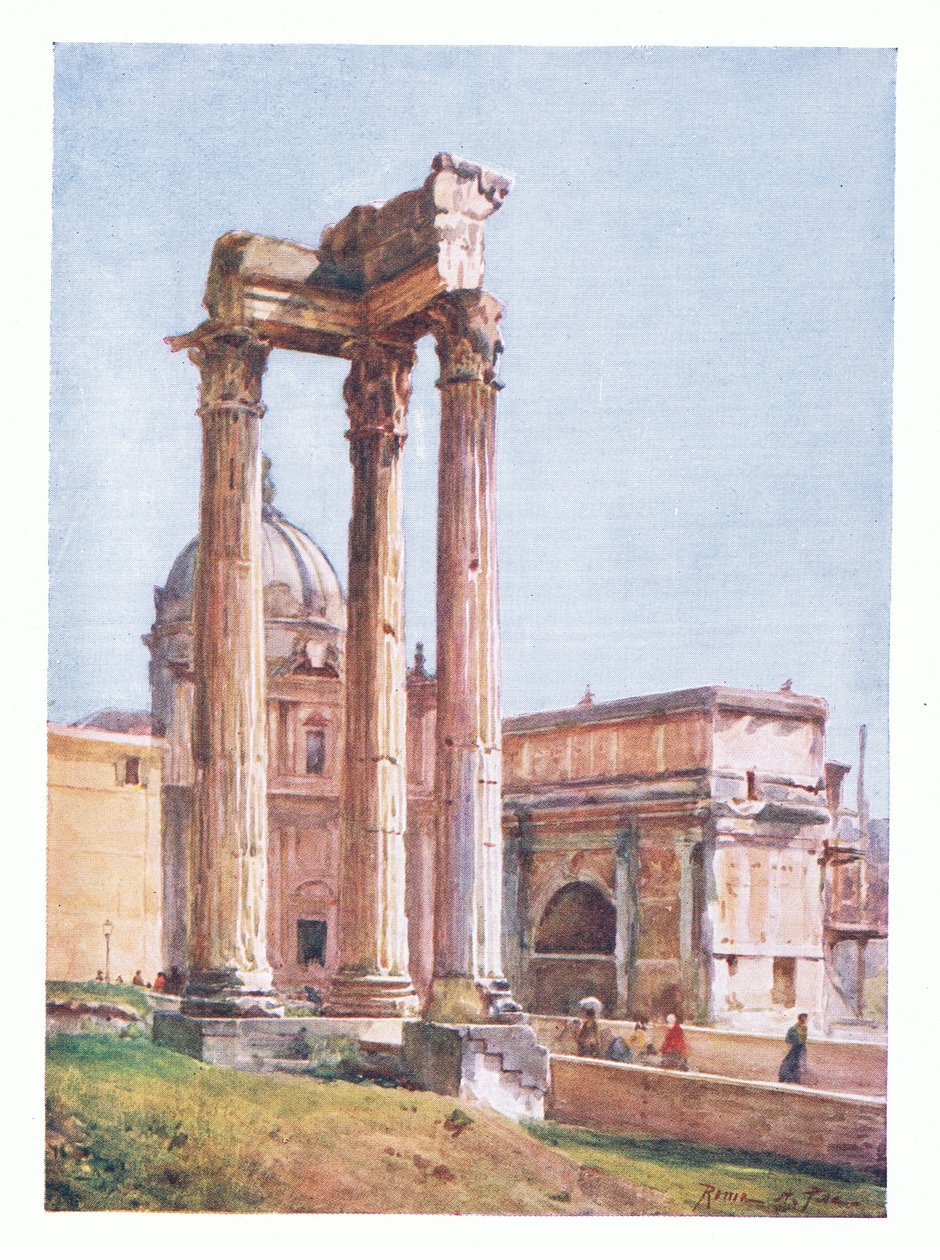 Il Tempio di Vespasiano, dal Portico dei Dii Consentes, da Roma pubblicato da A & C Black Ltd, 1925 da Alberto Pisa