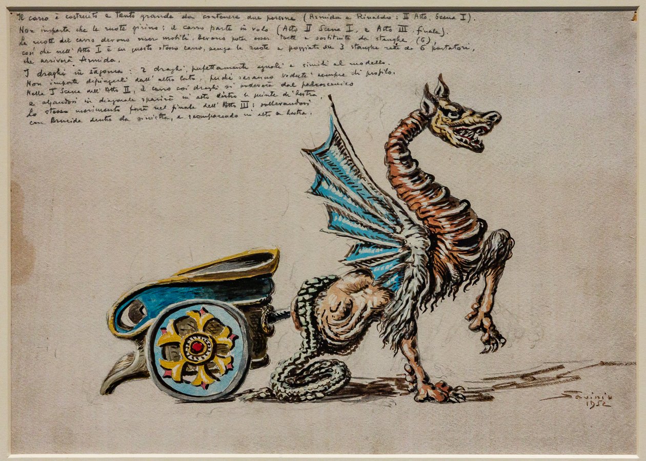 Atto II, prima scena e terzo atto, attrezzatura scenica: Il carro di Armida per Armida di G. Rossini da Alberto  Savinio